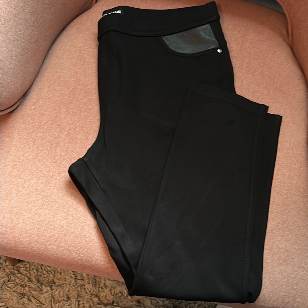 DKNY Black Leggings with Faux Leather Detail